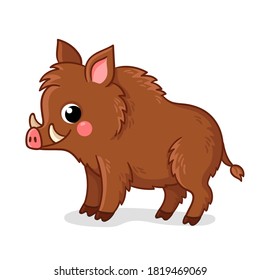 Small brown boar stands on a white background. Vector illustration with cute forest animals in cartoon style.