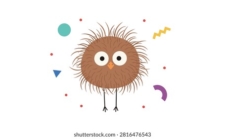 Small brown fluffy creature with long legs and big eyes surrounded by abstract geometric shapes and dots in a minimalist vector style.