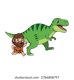 A small, brown haired prehistoric man, dressed in animal skin, ran with a panicked expression. Behind him, a large, bright green dinosaur chased him with its mouth open. Flat vector mascot design.