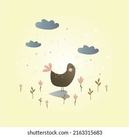 una pequeña gallina marrón se levanta en un claro bajo las nubes entre flores y hojas, proyectando una sombra en forma de corazón. ilustración linda y positiva