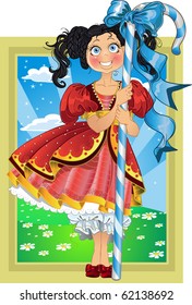 Small brunette girl with candy on Fairytale landscape