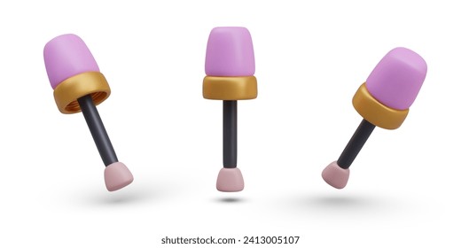 Small brush for applying makeup. Brush for applying liquid lipstick, balm, shadows, nail polish. Vector 3D object in vertical and tilted position. Isolated objects