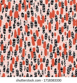 Small brush strokes simple geometric elements. Trendy flat illustration with little colorful painted elongated oval shapes, Abstract seamless pattern in minimalist style with dashed lines texture.