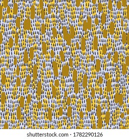 Small brush strokes simple geometric elements. Trendy flat illustration with little colorful painted elongated oval shapes, Abstract seamless pattern in minimalist style with dashed lines texture.