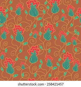 Small buds of  flowers with tangled stems on brown background, vector seamless pattern, vintage design
