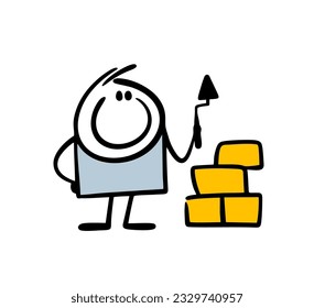 Small builder holds a spatula in his hand and builds a wall of bricks. Vector illustration of a toy constructor and a child. Doodle cartoon stick man character isolated. 