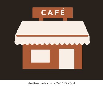 Small café building with awning and signboard. Flat vector icon illustration on dark background. Coffee shop and food service concept. 