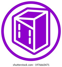 Small building icon in isometric flat design with purple color and outline on a line circle background.