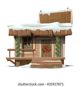 A small building in the style of the wild West with Christmas decorations. Vector.