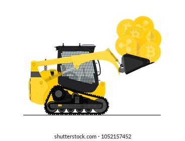 Small bulldozer loaded with cryptocurrencies. Flat vector illustration.