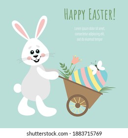 A small bunny in a cart is carrying an Easter egg. Happy easter. Design elements for cards, flyers, banners.