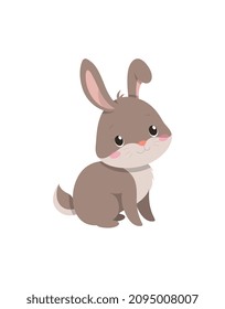 Small bunny sitting. Stickers and badges for children with rabbit. Cute and charming character looks up. Kid animal, mammal, forest. Cartoon flat vector illustration isolated on white background