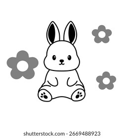 Coelhinho pequeno rodeado por três flores pequenas.