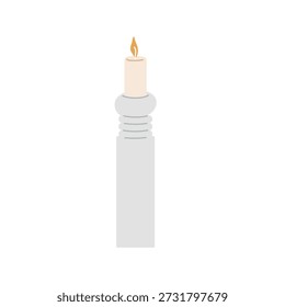 Pequena vela ardente com chama no suporte de vela de madeira. Ilustração vetorial plana para noites românticas e iluminação interna