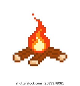 Small burning pixel bonfire. Wood fire starting to flare up with warm atmosphere of picnic and relaxation after hiking trip.