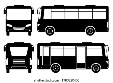 Small bus silhouette on white background. Vehicle icons set view from side, front, and back