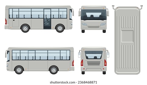 Plantilla vectorial de bus pequeño con colores simples sin gradientes y efectos. Vista desde un lado, frente, atrás y superior