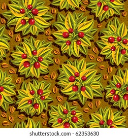 Small bushes with red berries and fallen leaves on the ground, seamless autumn foliage and fruit pattern, vector background illustration
