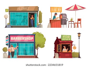 Small business 2x2 design concept set of florist barbershop bakery fresh market compositions flat vector illustration