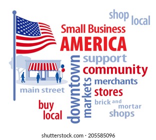 Small Business America, patriotic stars and stripes USA flag, word collage, shoppers on Main Street encourage shopping at local stores, neighborhood merchants, community businesses. 