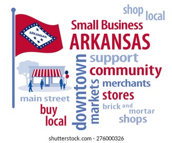 Small Business Arkansas, shop at local, community, neighborhood stores and markets. Red, white and blue Natural State flag of the United States of America, word cloud illustration. EPS8 compatible.