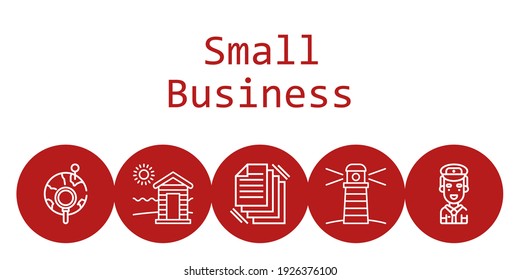 small business background concept with small business icons. Icons related pilot, lighthouse, cabin, files, global