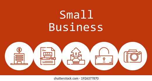 small business background concept with small business icons. Icons related bank, contract, camera, email, unlocked