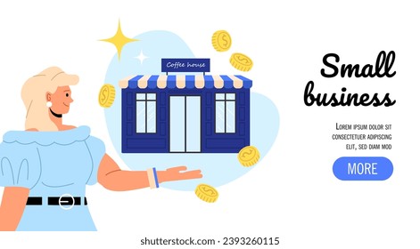 Small business banner. Woman with golden coins near building. Young girl with store or shop. Financial occupation and successful start up. Landing page design. Cartoon flat vector illustration