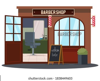 Small business barber shop background. Front view of barbershop for male haircuts. Local downtown market vector illustration. Modern service, scene from outdoor at entrance.