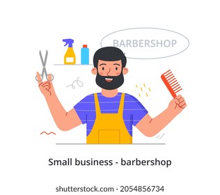 Barbería de negocios pequeños. La peluquera está equipada con peine y tijeras. Recorte de la cabeza y la barba, servicio de lujo. Acogedor propietario de negocios. Dibujo vectorial plano de dibujos animados aislado en fondo blanco