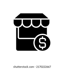 Small business black glyph icon. Micro enterprise. Electronic commerce. Commercial property. Generating profit. Silhouette symbol on white space. Solid pictogram. Vector isolated illustration