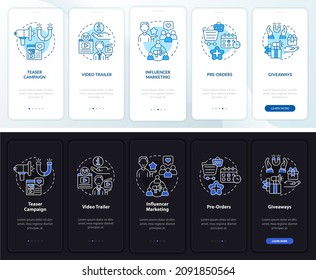 Small business boosting tips onboarding mobile app page screen. Startup walkthrough 5 steps graphic instructions with concepts. UI, UX, GUI vector template with linear night and day mode illustrations