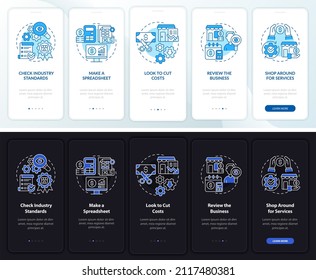 Small business budget night and day mode onboarding mobile app screen. Walkthrough 5 steps graphic instructions pages with linear concepts. UI, UX, GUI template. Myriad Pro-Bold, Regular fonts used