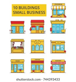 Small business buildings illustration, thin line icons, linear flat signs, vector symbols, outline pictograms set, editable strokes