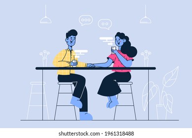 Small business and cafeteria concept. Young smiling couple man and woman sitting together and drinking coffee in modern coffee shop cafeteria having date vector illustration 