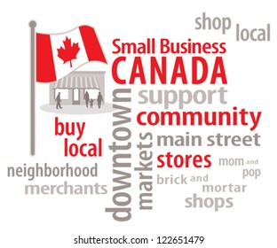 Small Business Canada word cloud, Canadian flag, main street customers. To encourage shopping at local community neighborhood stores, merchants and markets. 