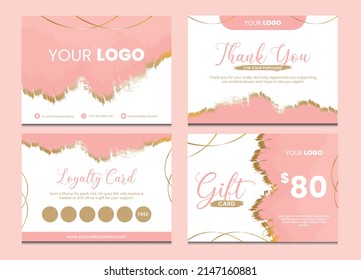 Small business cards collection. Thank you card, loyalty card and gift card editable template. Femenine pink and gold grunge design. Thanks for your purchase text. Modern vector illustration