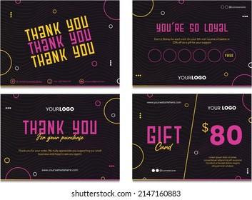 Small business cards collection. Thank you card, loyalty card and gift card editable template. Black background with gradient linear waves and neon circles. Thanks for your purchase text. 