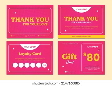 Small business cards collection. Thank you card, loyalty card and gift card editable template. Pink and yellow color with halftone pattern background. Thanks for your purchase text. Modern vector 