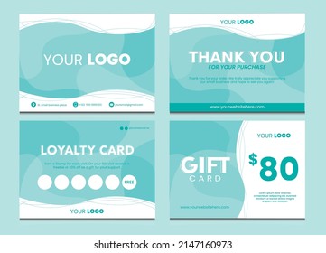 Small business cards collection. Thank you card, loyalty card and gift card editable template.Turquoise and white wavy background. Thanks for your purchase text. Modern vector illustration