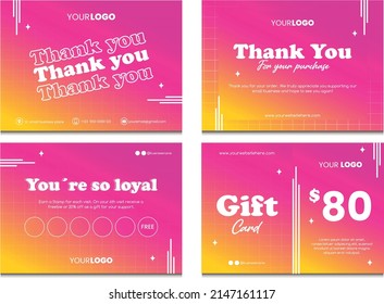 Small business cards collection. Thank you card, loyalty card and gift card editable template. Pink and yellow gradient texture. Thanks for your purchase text. Cool and femenine concept.