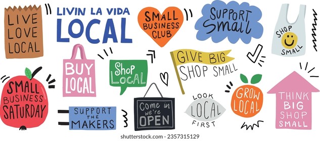 Pequeño club de negocios. Comprar locales, comprar pequeños y apoyar a los negocios locales. Conjunto de ilustraciones de vector dibujadas a mano sobre fondo blanco.