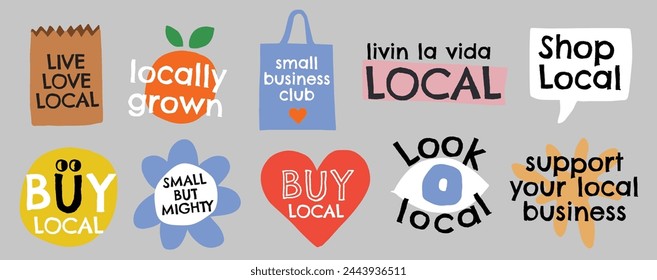 Small business club. Buy local, shop small and support local businesses. Set of hand drawn vector illustrations 