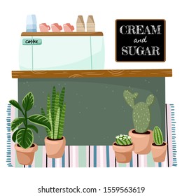 Small business coffee shop stylish cozy interior. Shop or cafe promotion.Cozy lagom scandinavian style illustration