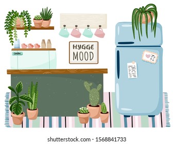 Small business coffee shop stylish cozy interior. Hygge mood plate. Shop or cafe promotion. Cozy lagom scandinavian style poster. Coffee machine, counter and fridge among succulent plants