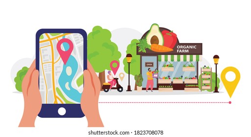Small business composition with organic farm and map symbols flat vector illustration