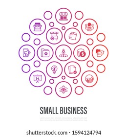 Small business concept in circle shape. Thin line icons. Marketplace, market stall, home delivery, job interview, coworking, startup, growth chart, partnership, self employed. Vector illustration.