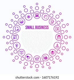 Small business concept in circle shape. Thin line icons. Marketplace, market stall, home delivery, job interview, coworking, startup, digital marketing, finance, growth chart. Vector illustration.
