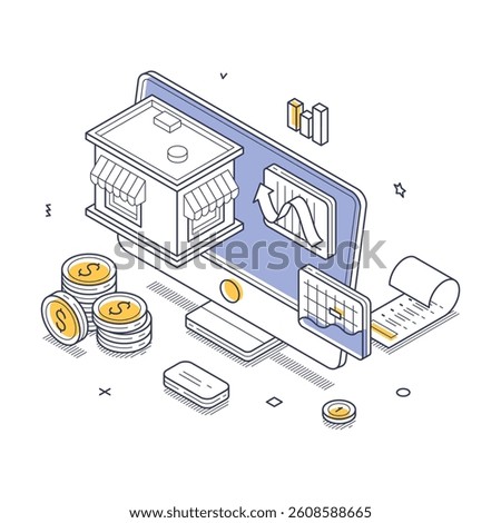 Small business concept. Digital banking environment featuring a computer screen with various finance-related elements. Isometric line vector illustration