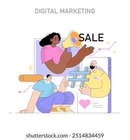 Small Business concept. A diverse team engages in digital marketing and sales promotion strategies online. Vector illustration.
